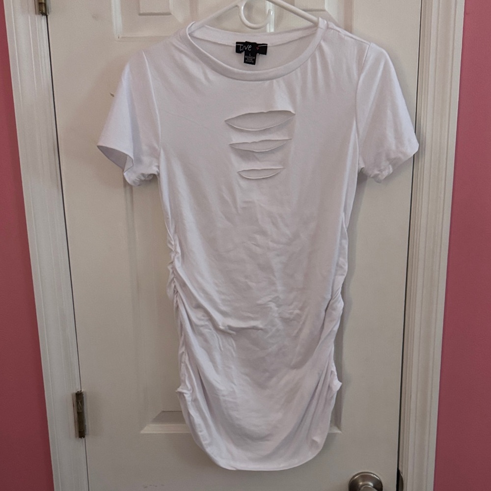 3/$20 White Distressed Short Sleeve Top